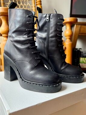 L'INTERVALLE Black Leather Lace-Up Platform Heeled Ankle Boots